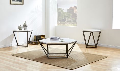 Corvus - 3 Piece Table Set - White Marble Hexagon