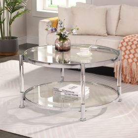 W82153572 Contemporary Acrylic Coffee Table, 32.3'' Round Tempered Glass Coffee Table, Chrome/Silver Coffee Table for Living Room